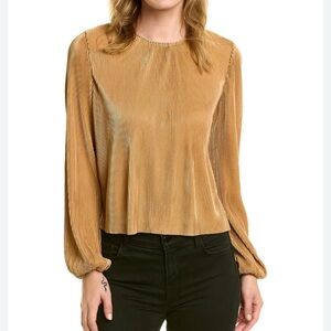 Wayf Gold Relaxed Pleated Long Sleeve Blouse